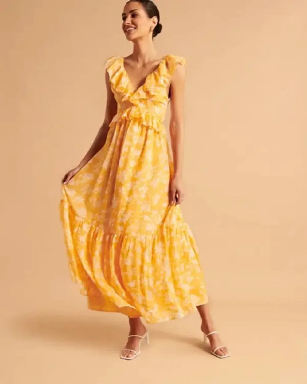 Abercrombie & Fitch Floral Ruffles Sleeveless V-Neck Maxi Dress Yellow M NWT
